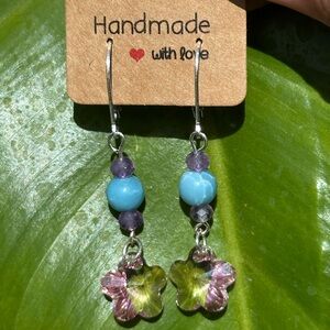 Amethyst, Larimar, & Pink Swarovski Flower Crystal Sterling Silver Drop Earrings